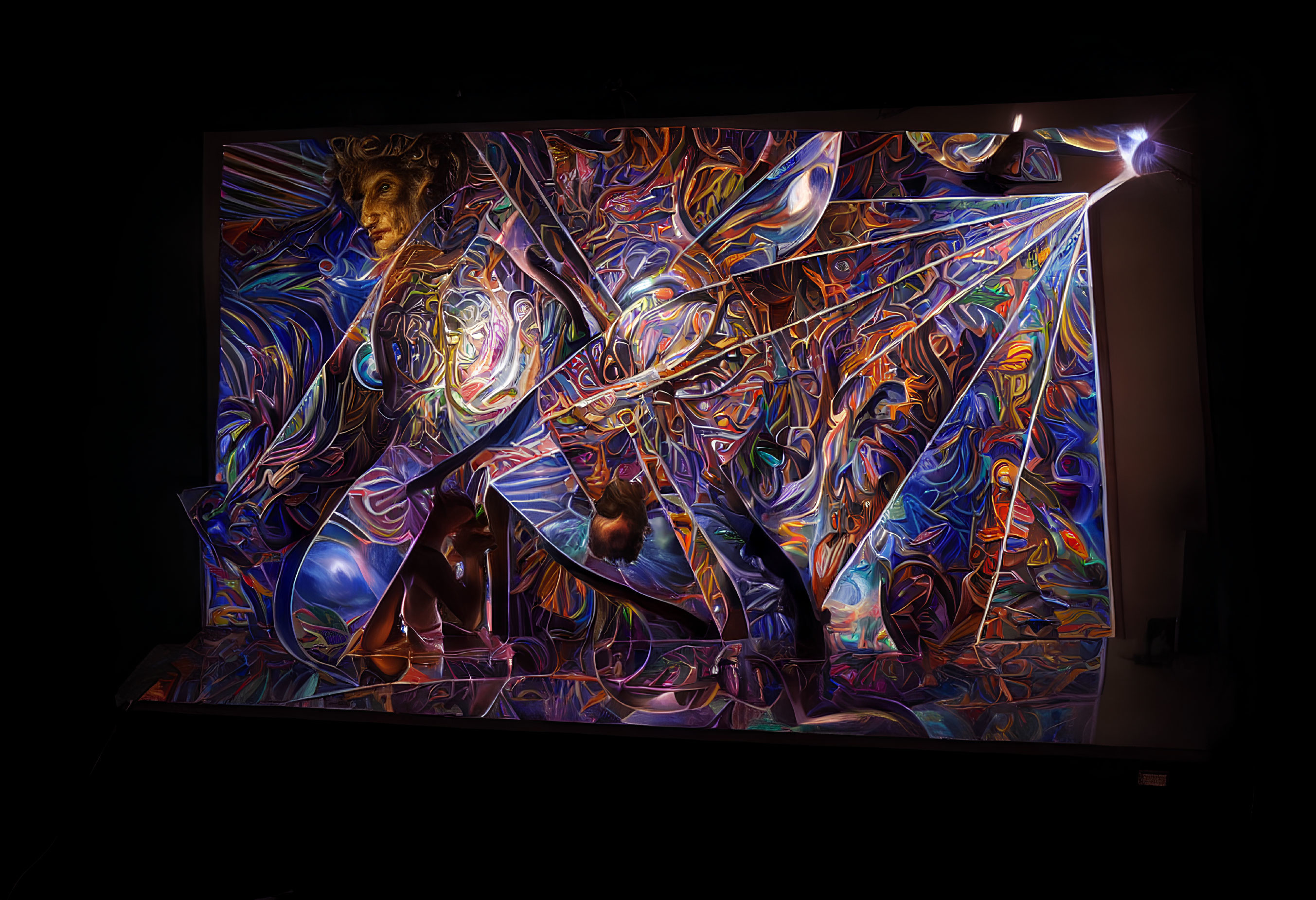 Colorful abstract mural with dynamic shapes and figures on dark background