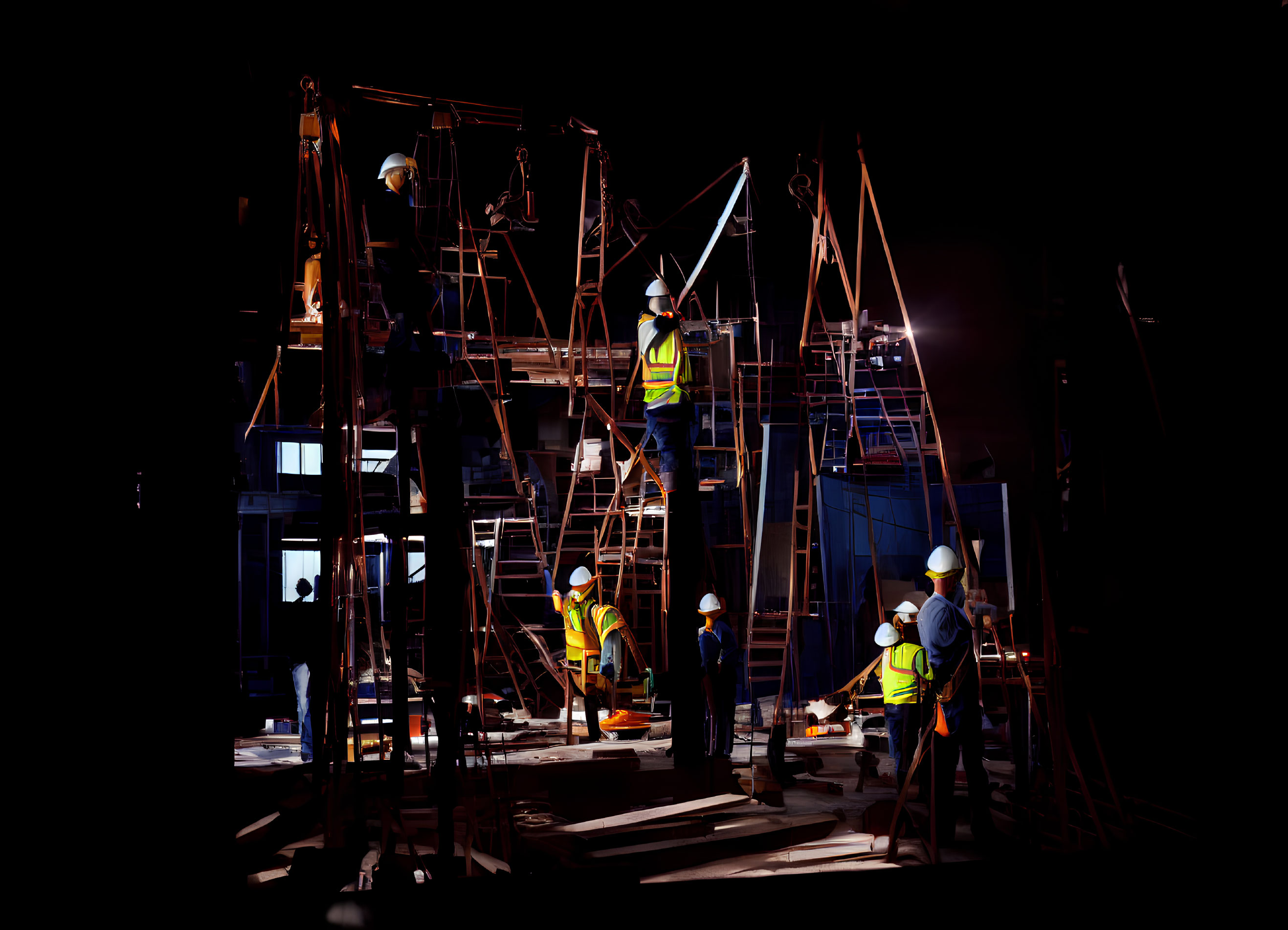 Construction workers in safety gear working on scaffolded site at night under artificial lighting