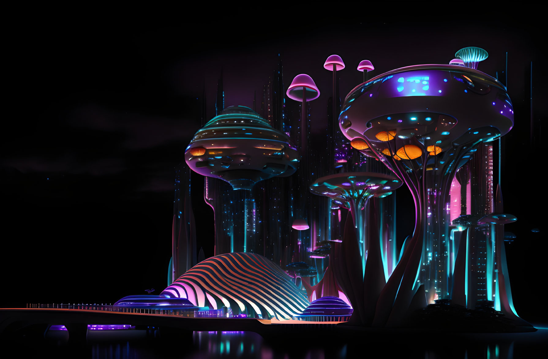 Neon-lit futuristic cityscape with mushroom-shaped buildings