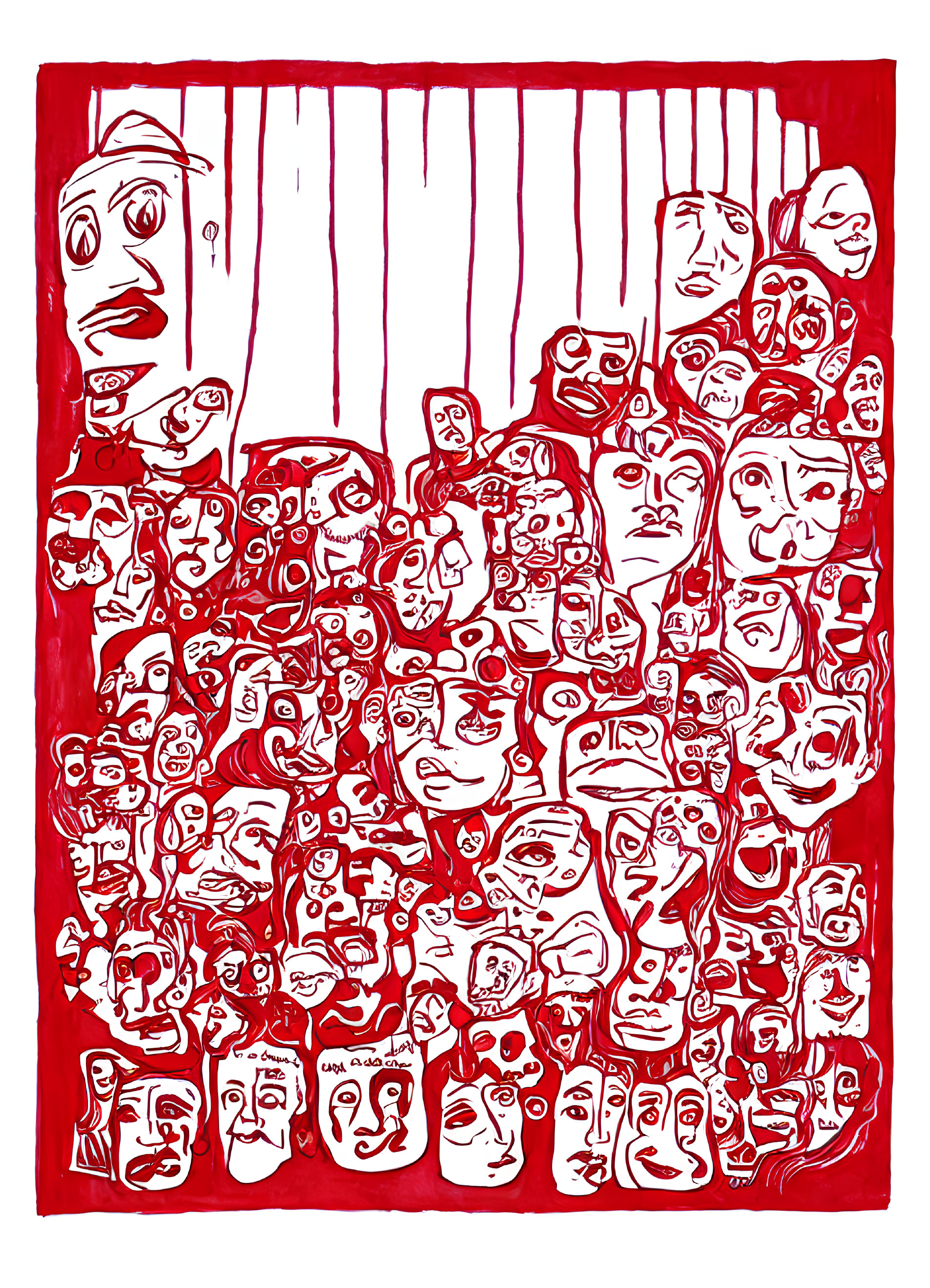 Stylized red and white illustration of diverse faces crowded together