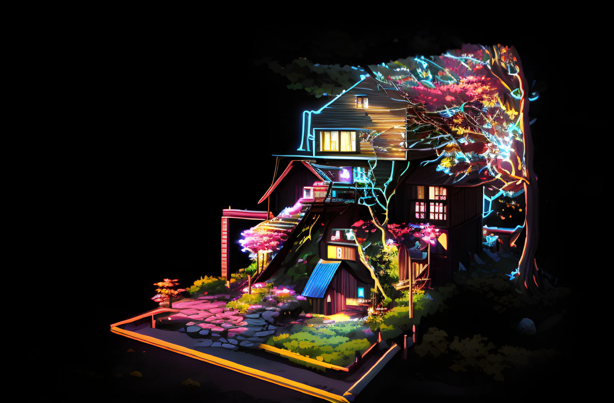 Colorful digital art: whimsical house with neon tree & lights