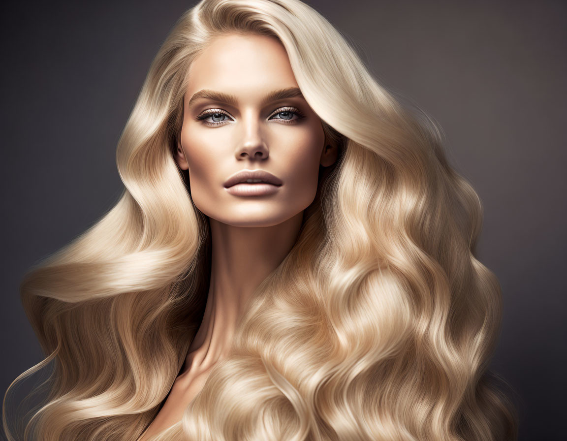 Blonde Woman with Voluminous Wavy Hair and Striking Eyes