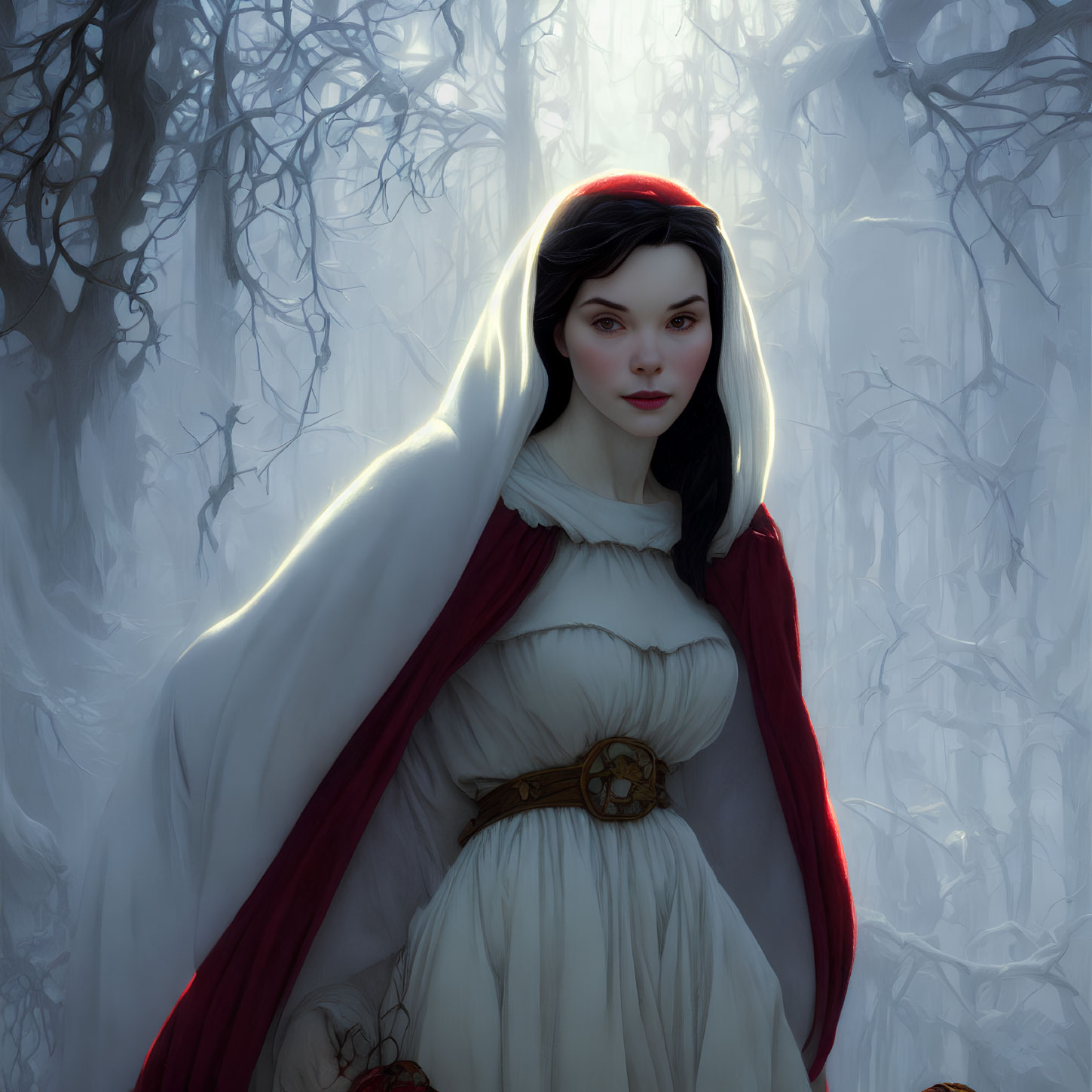 Fair-skinned woman in white dress and red cloak in ethereal forest