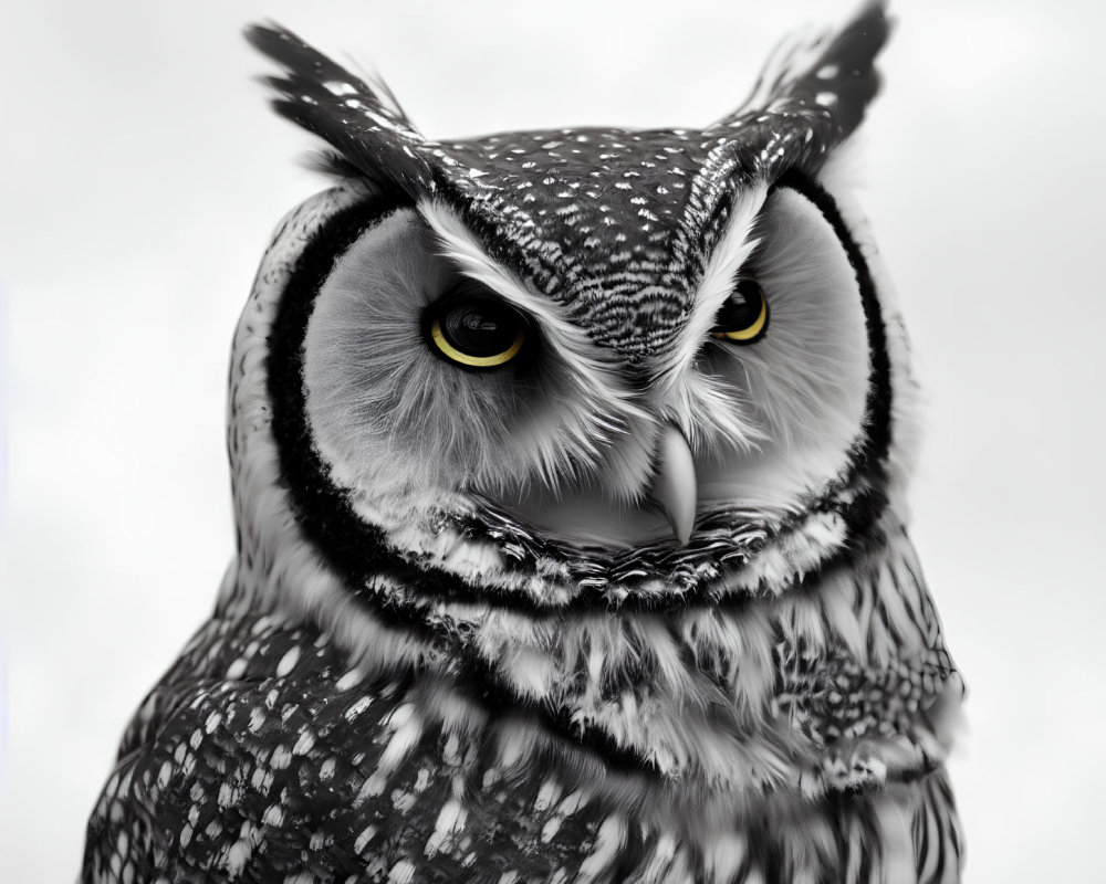 Detailed black and white close-up of owl with intense yellow eyes and speckled feathers