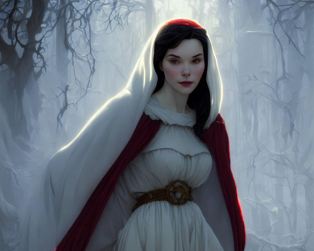 Fair-skinned woman in white dress and red cloak in ethereal forest