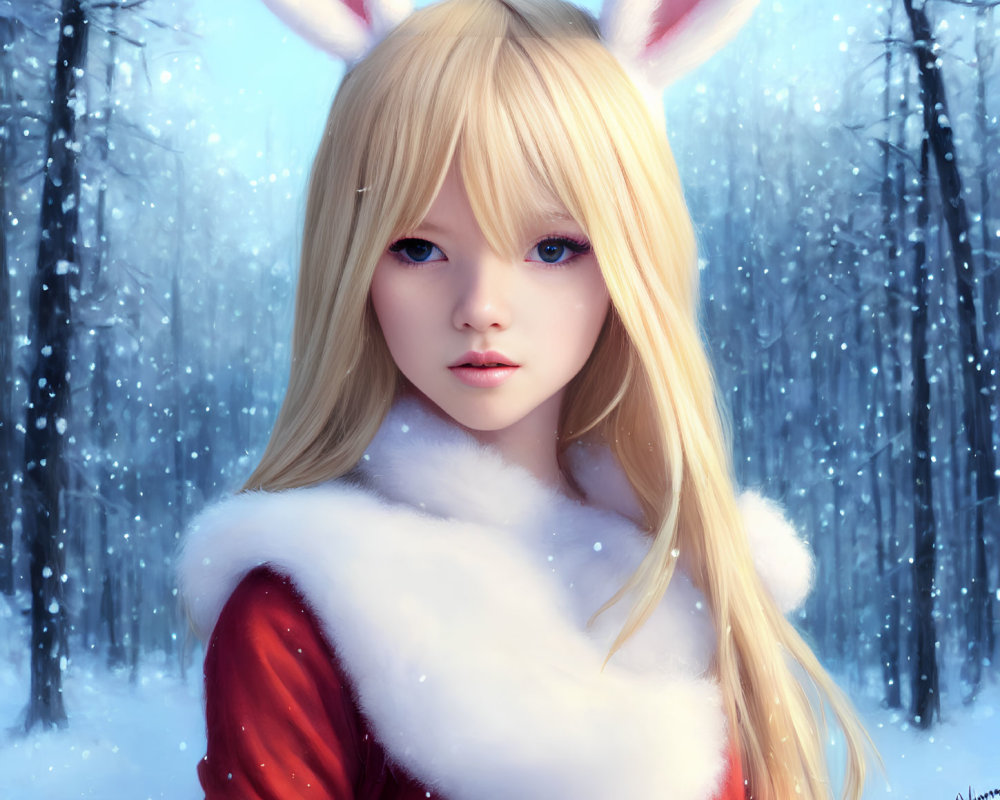 Blond person in red furry outfit with rabbit ears in snowy forest