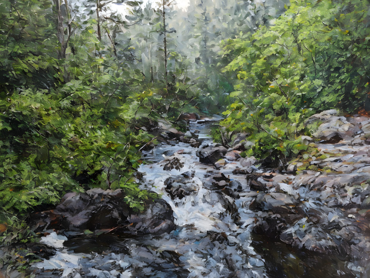 Tranquil forest landscape with babbling brook and lush greenery