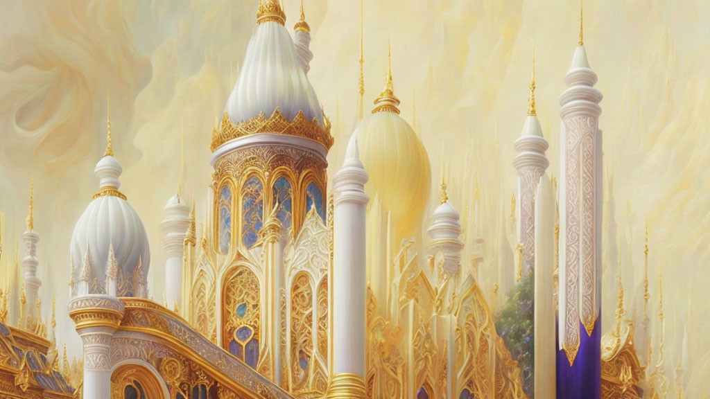 Golden domed palace with arabesque details under pastel sky