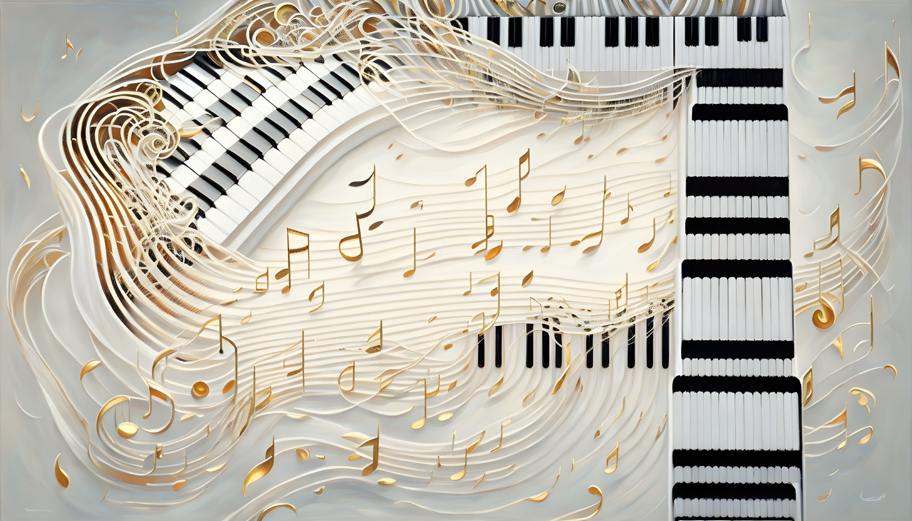 Musical notes intertwined with piano keys on light background