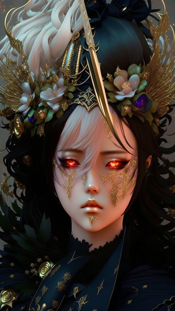 Character with Red Eyes in Elaborate Gold and Floral Headpiece