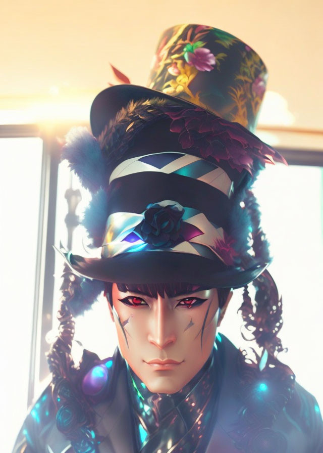 Person with stylized make-up in floral top hat and feathered coat in warm backlit ambiance