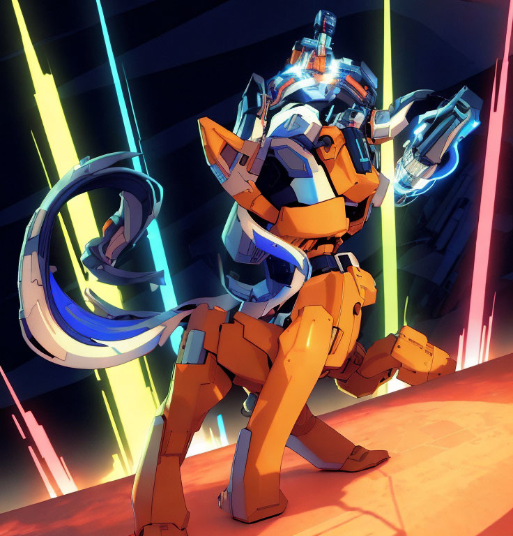 Blue and orange armored robot in neon lights