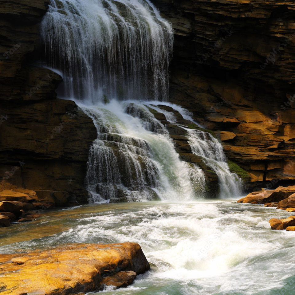 Cascading Waterfall Over Layered Rock Formations & Turbulent Pool