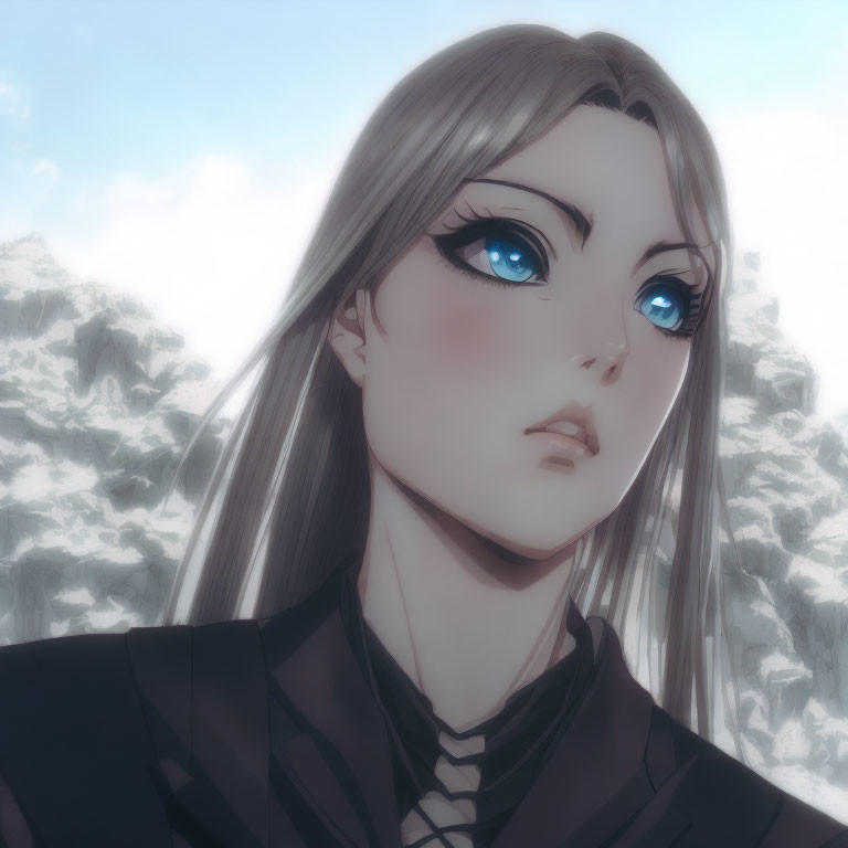 Illustrated female character with blue eyes, pale skin, and silver hair in cloudy sky setting