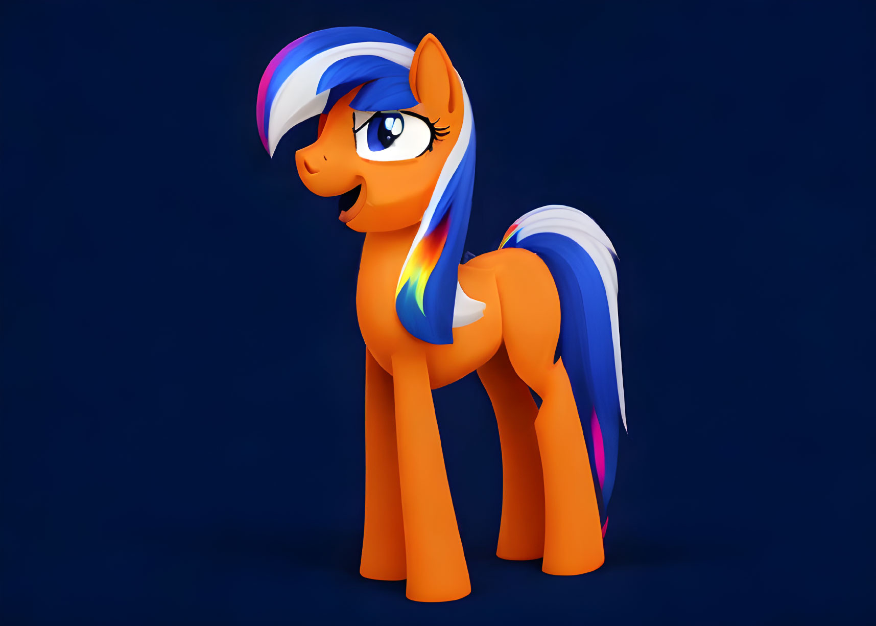 Colorful Animated Orange Pony with Rainbow Mane on Blue Background