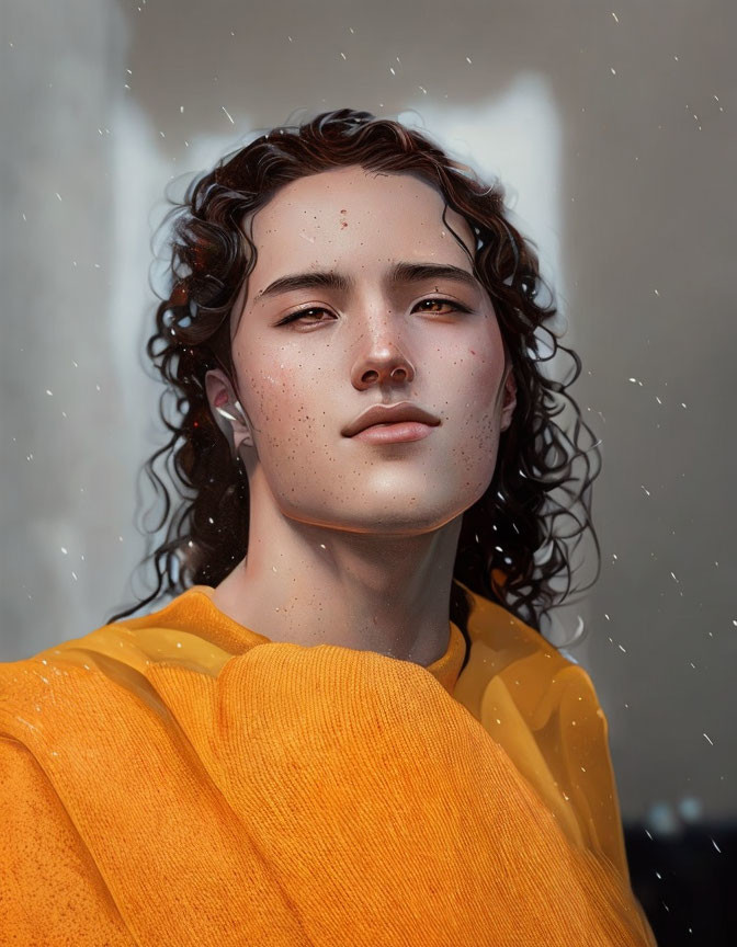 Person with Curly Hair and Freckles in Yellow Sweater Amid Snowfall