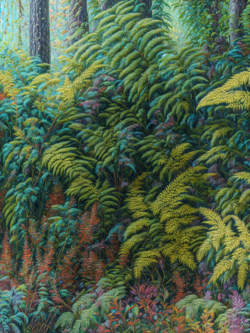 Vibrant fern-covered forest floor with lush green foliage