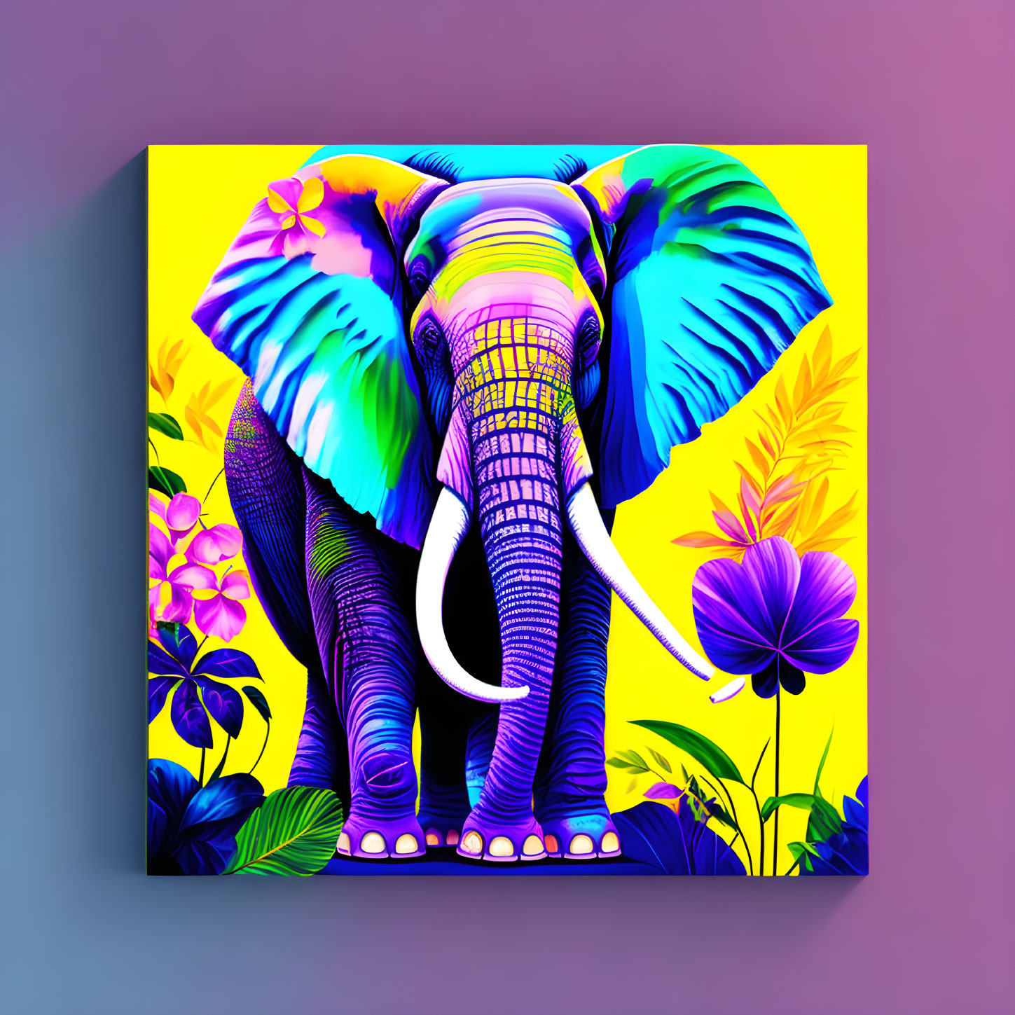 Colorful Elephant Artwork on Tropical Floral Background and Purple Wall