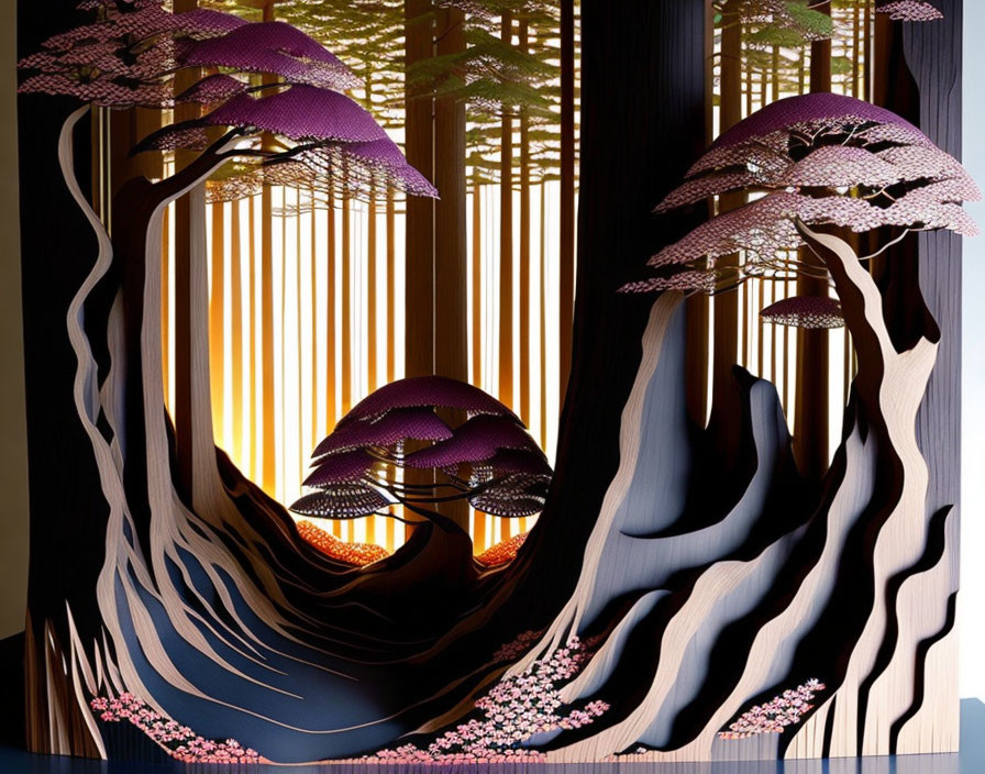 Serene forest scene with stylized trees, cherry blossoms, lanterns, and flowing landforms