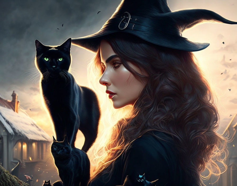 Woman in witch's hat with black cats under twilight sky and village.