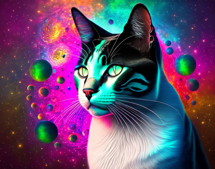 Colorful Cosmic Cat Image with Vibrant Galaxies