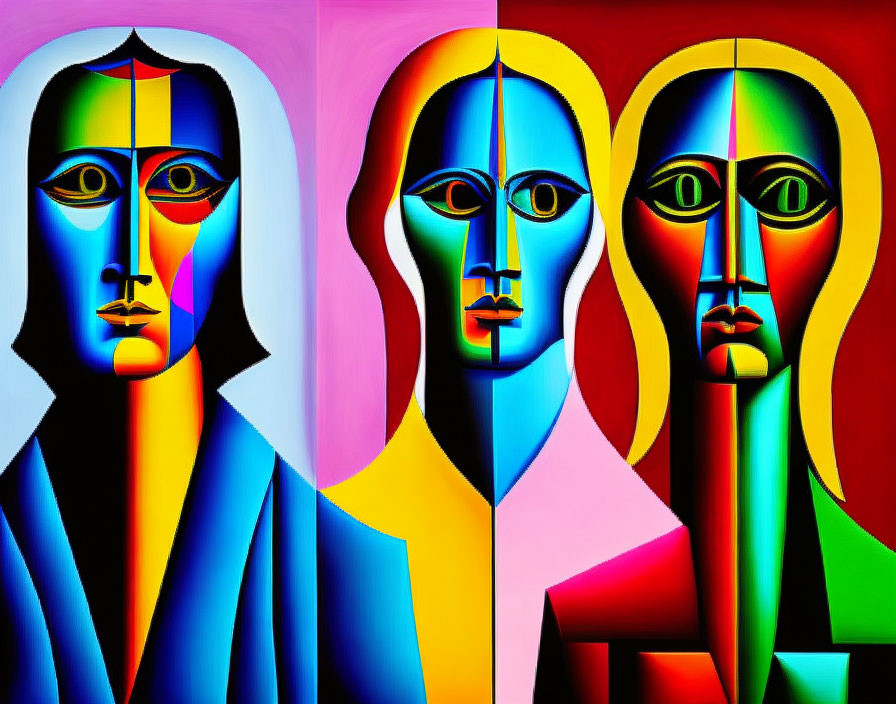 Abstract Cubist-Style Painting with Geometrical Figures