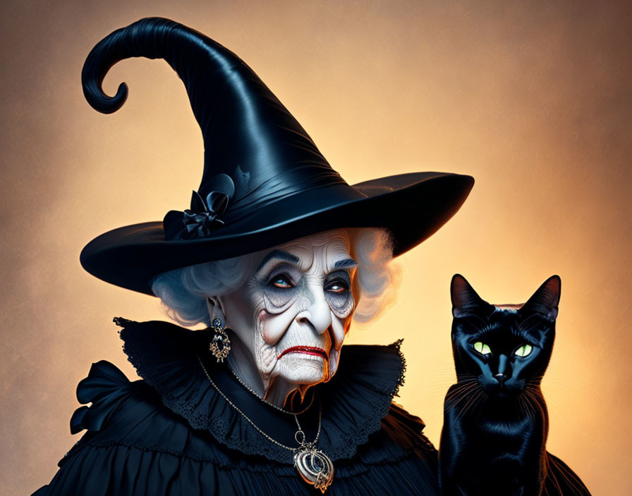 Elderly woman in witch costume with black cat on orange background