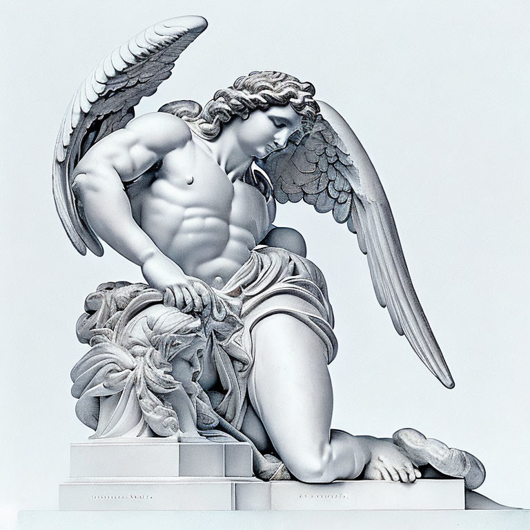 Detailed white marble angel sculpture with muscular build and intricate wings.