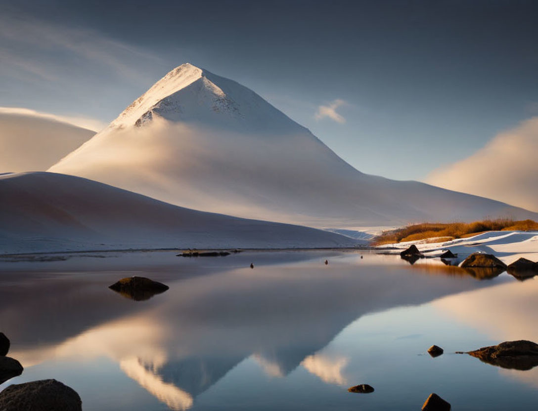 Snow-capped mountain peak reflected in lake under warm sunlight