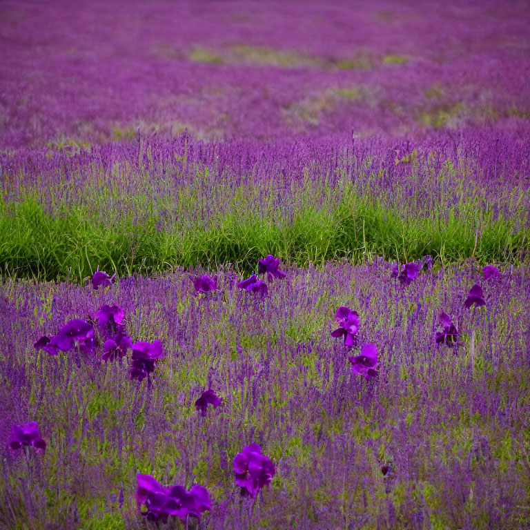 Lavender and Iris Field under Overcast Sky