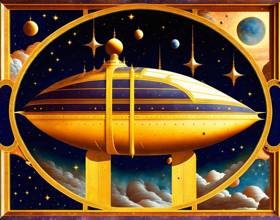 Golden airship with domes and portholes among stars and planets in celestial-themed frame