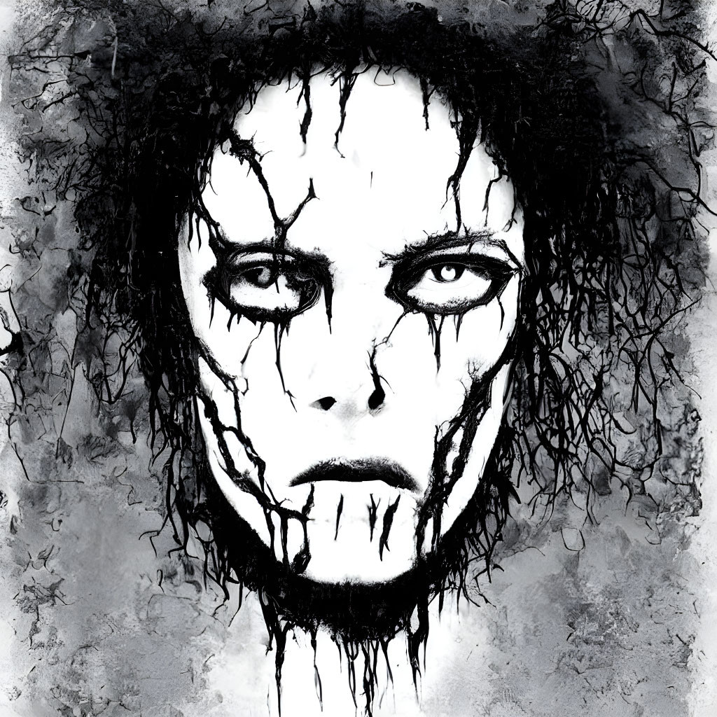 Monochrome artwork of haunting face with dark eyes and cracked skin textures