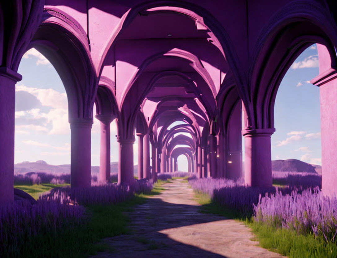 Surreal purple archway with lavender fields in digital artwork