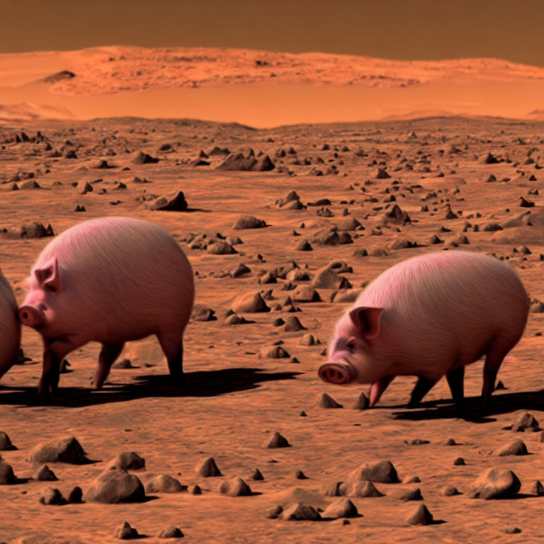 Cartoon pigs on rocky Mars-like terrain with reddish sky