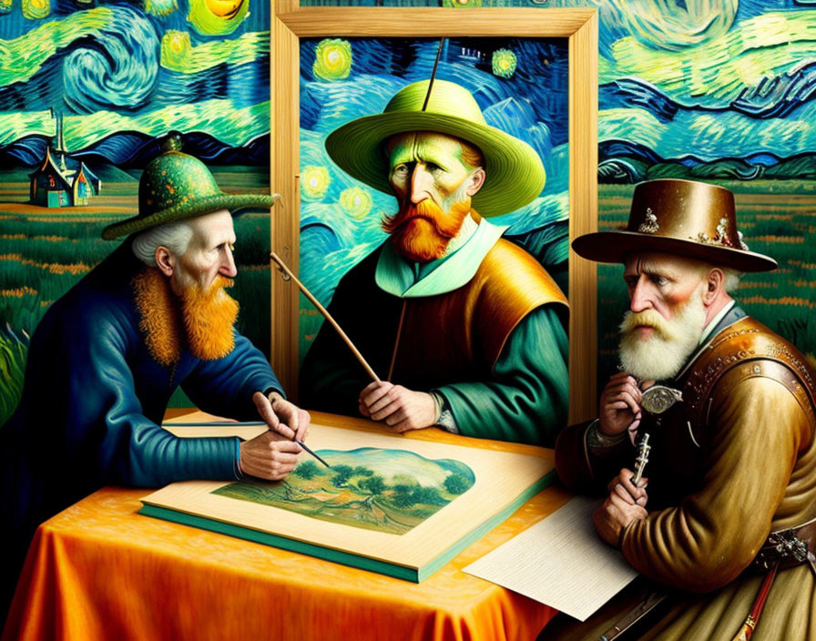 Three people in Renaissance attire studying a landscape painting with Van Gogh's "Starry Night" in