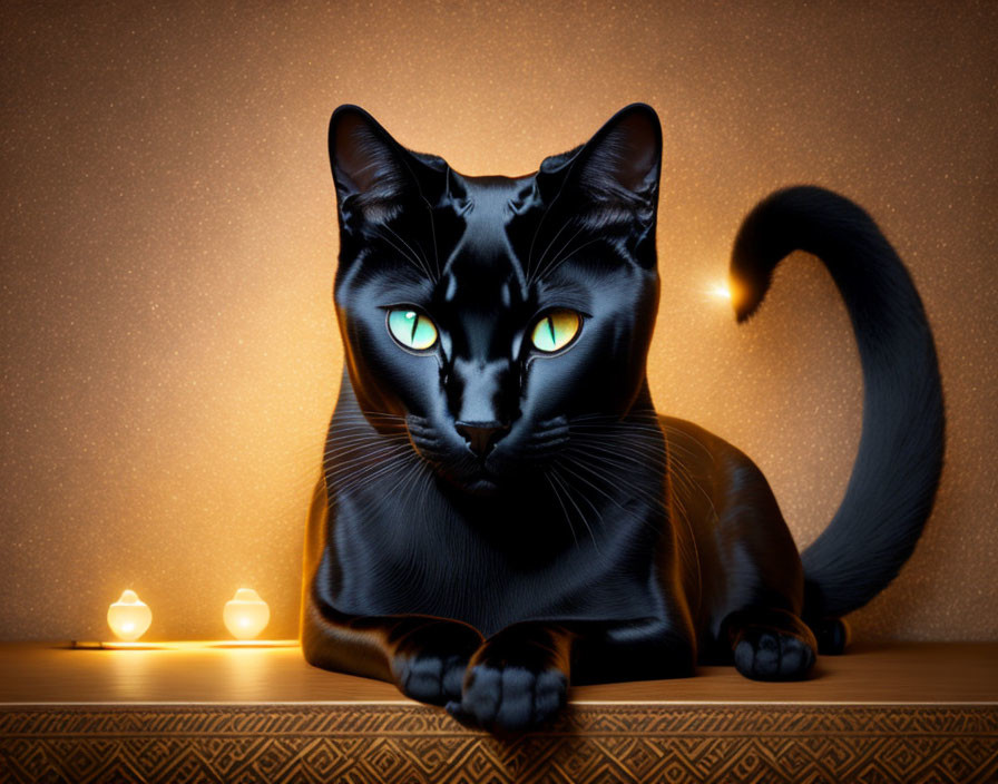 Black Cat with Green Eyes Surrounded by Glowing Candles on Patterned Surface