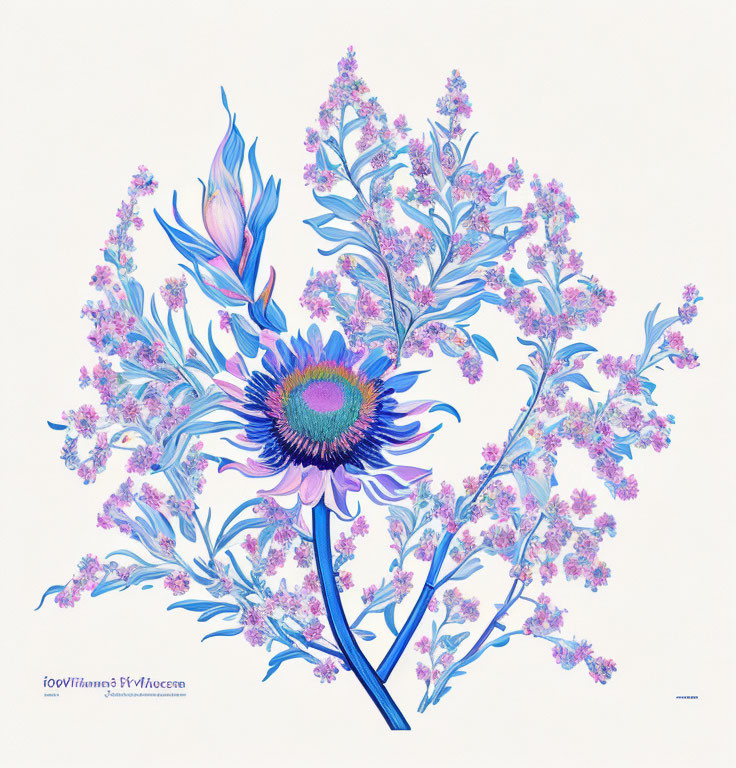 Detailed botanical illustration of blue and purple flowers with delicate stems