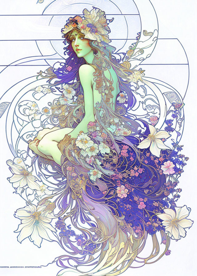 Stylized woman with flowing floral hair in purple, white, and green palette