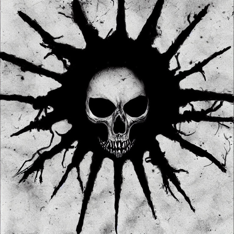 Monochrome skull illustration with sunburst cracks