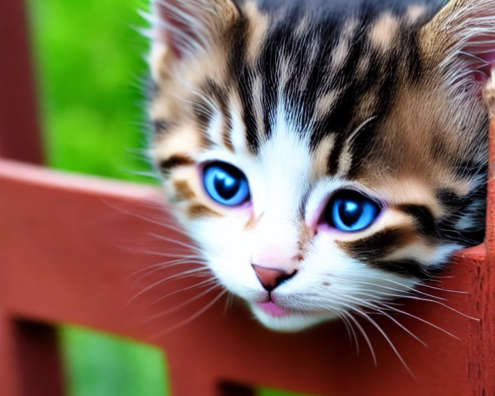 Tabby kitten with blue eyes peeking through red fence