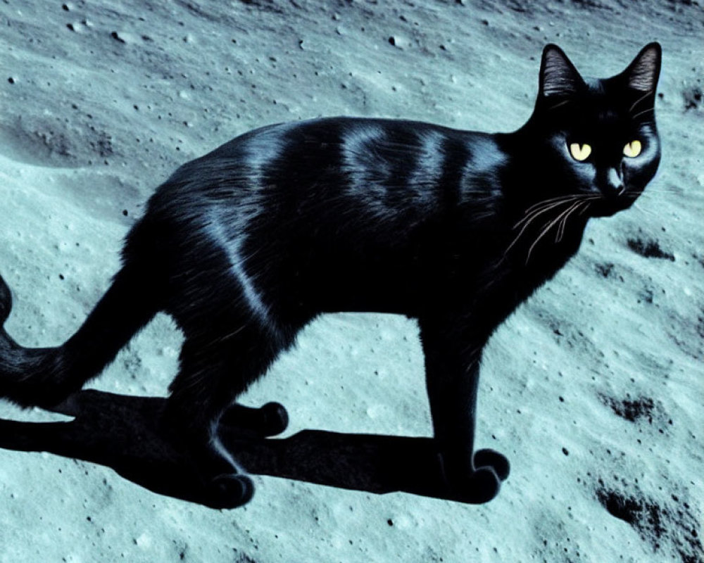 Black cat with yellow eyes on moonscape with sharp shadow