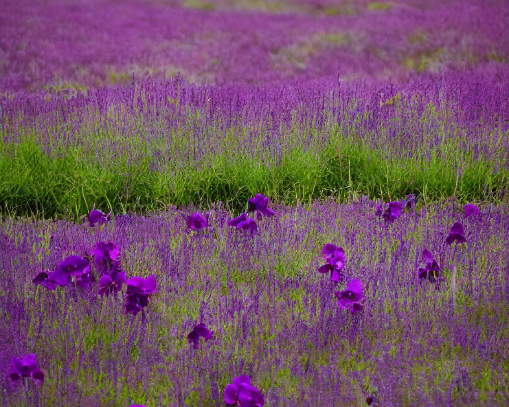 Lavender and Iris Field under Overcast Sky