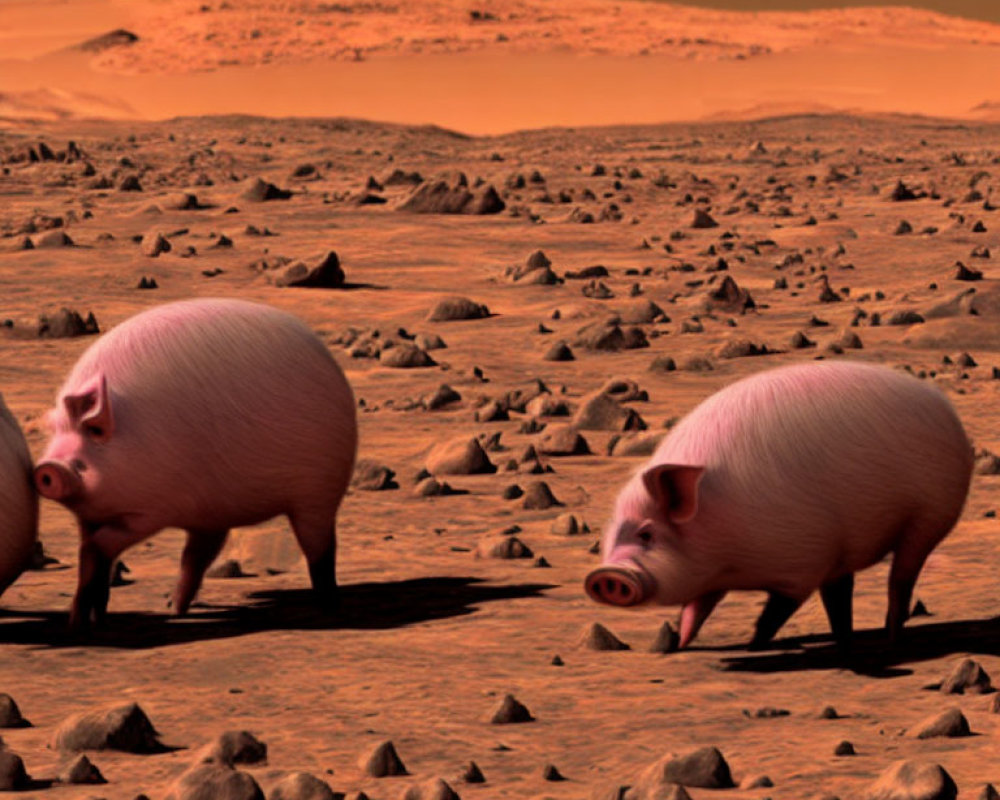 Cartoon pigs on rocky Mars-like terrain with reddish sky