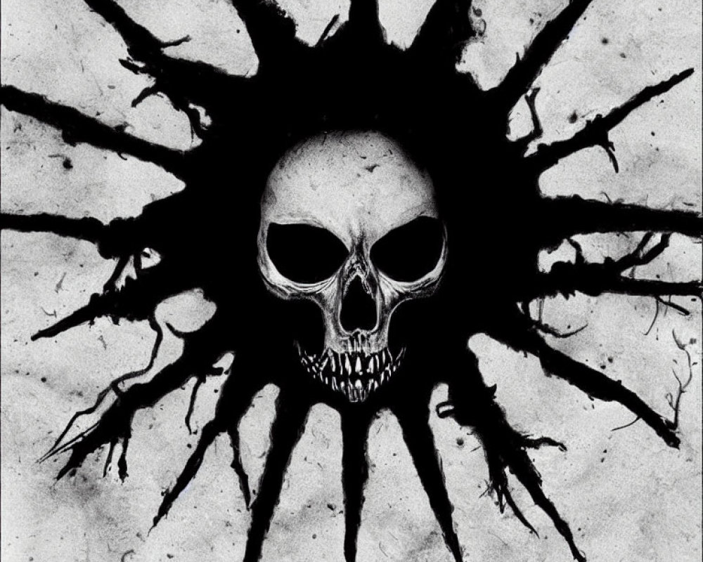 Monochrome skull illustration with sunburst cracks