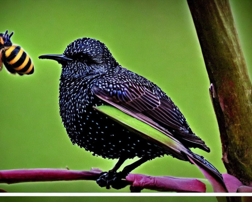 Starling perched on branch with bumblebee in flight on blurred green background