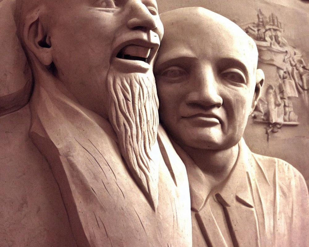 Sculpture: Contrasting Faces with Ship Relief