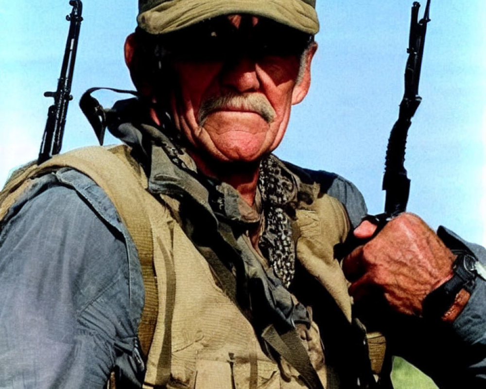 Elderly soldier in military attire with stern expression and rifle