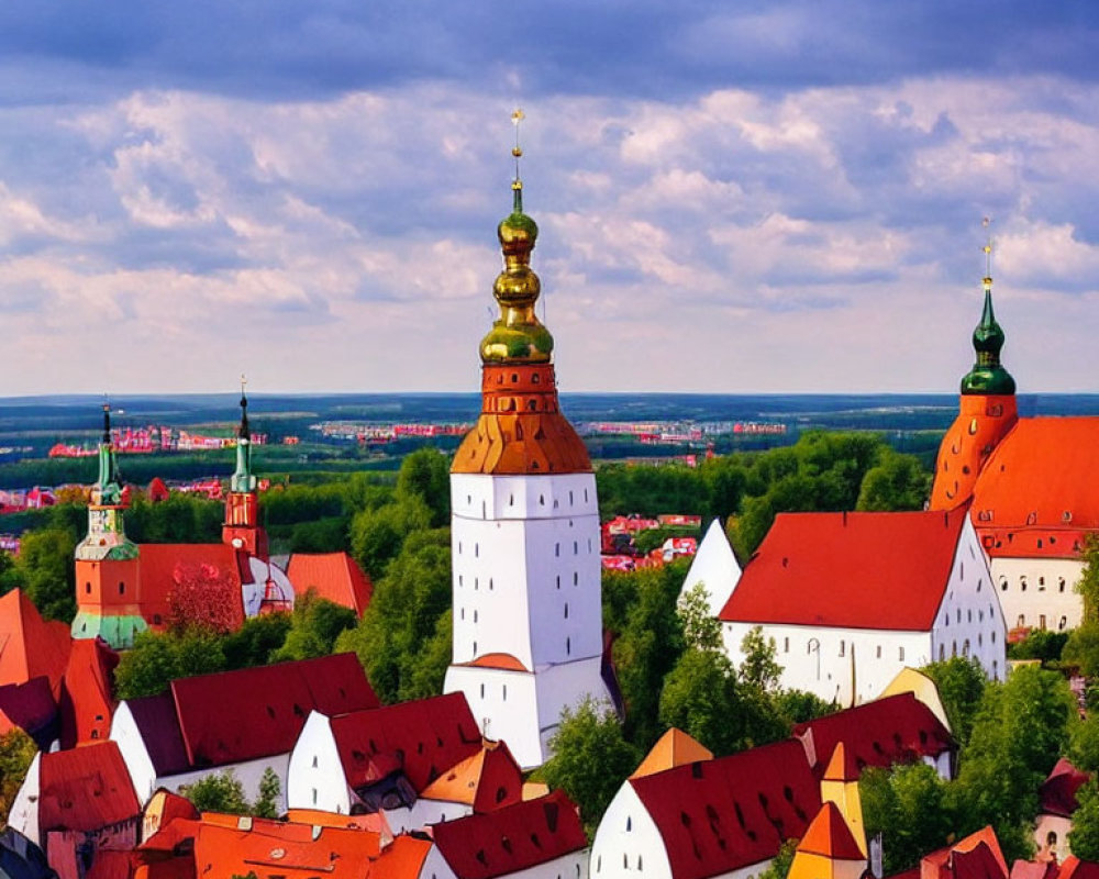 European Town Aerial View with Colorful Buildings and Church Spires