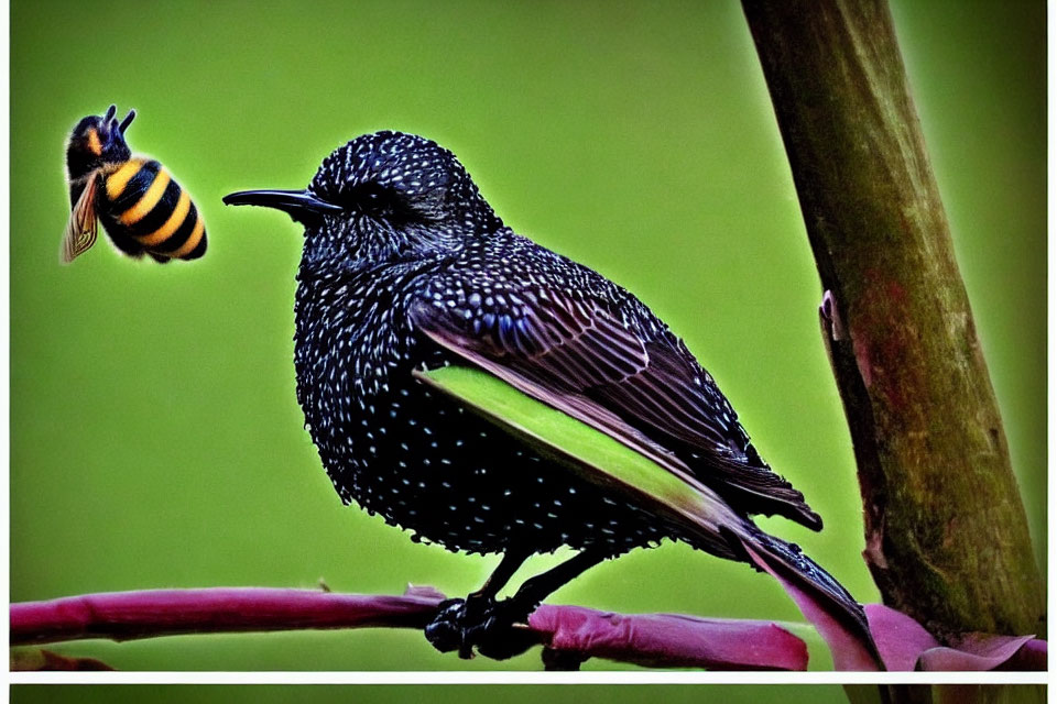 Starling perched on branch with bumblebee in flight on blurred green background