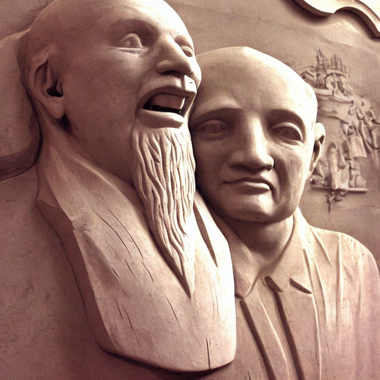 Sculpture: Contrasting Faces with Ship Relief